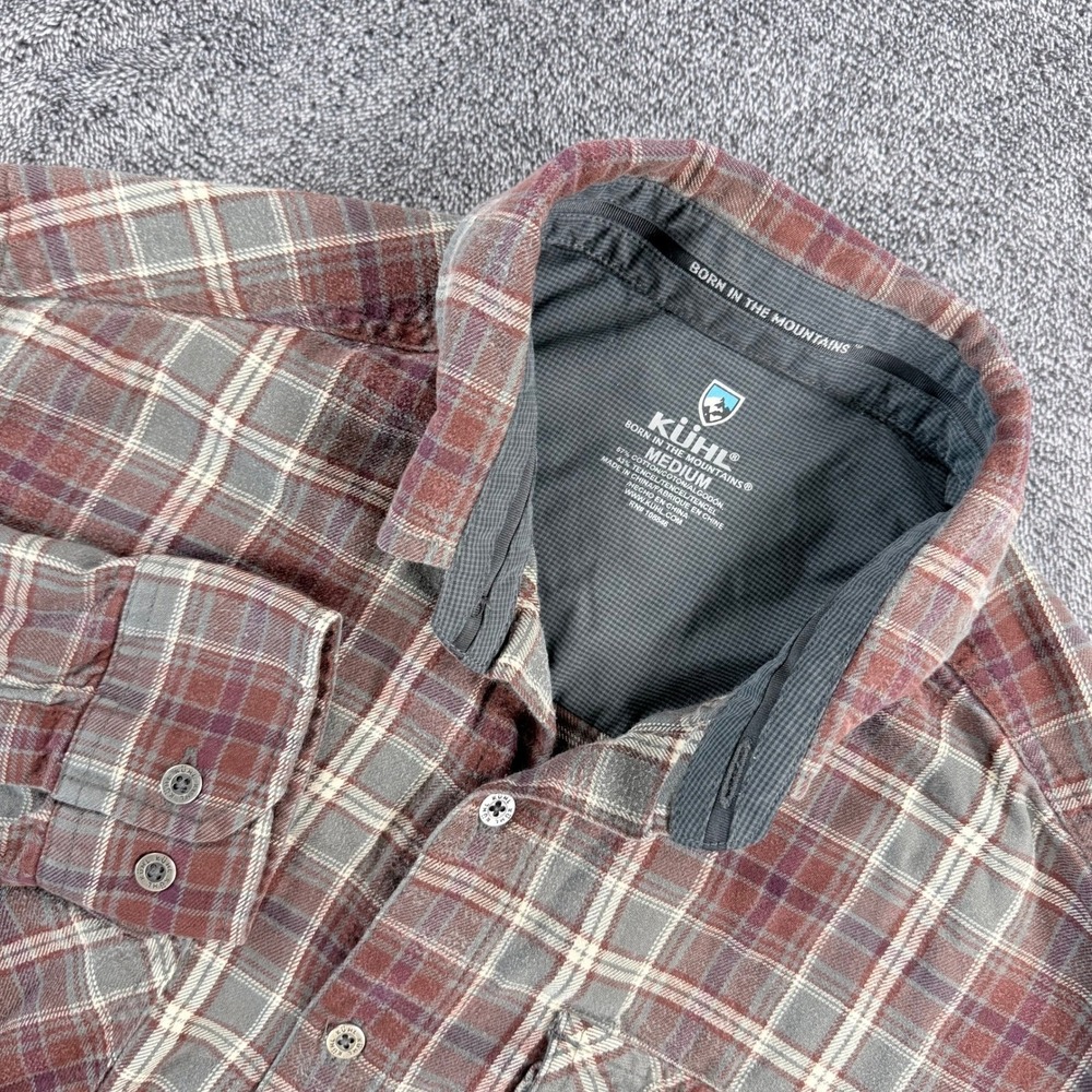 Kuhl Mens Medium Plaid Flannel Shirt Burgundy Grey Cotton Tencel Long Sleeve